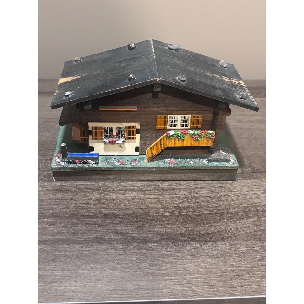 Vintage Cuendet Swiss Musical Jewelry Box Alpine Chalet "Pretty Blue Danube"